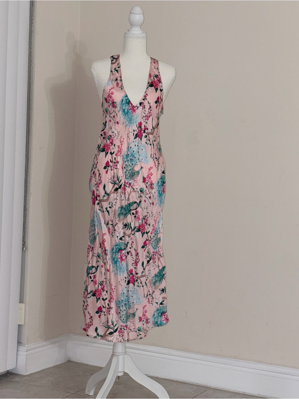 Chloe Kristyn Pink Peacock Chinoiserie Hanna Midi Dress - Size Small